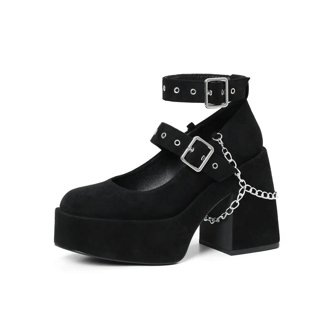 Pre Order Custom Made Gothic Platform Mary Jane Shoes for Women, Black Suede Chunky Block Heel Pumps with Double Metal Buckle Ankle Straps & Detachable Silver Chain, Punk Alt Fashion Round Toe Platform Heels