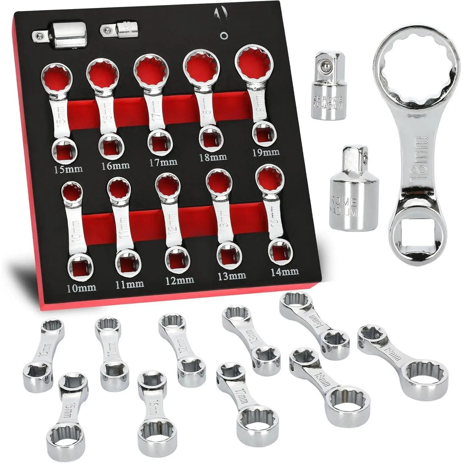 12 count Metric Torque Adapter Set, 10-19mm Torque Wrench Extension Adapter, 3/8" Drive, 12 Point Box End Torque Wrench Adapter Set, Chromium Vanadium Steel with 1/2" & 1/4" Adapters