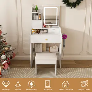 White Contemporary Stylish Illuminated Adjustable Modern Multi-Light Makeup Vanity with Stool, 3-Color LED Lighting, 2 Drawers, 5 Storage Cabinets, Built-In Charging Station & Hair Dryer Holder for Bedroom, Stylish Makeup Vanities, Adjustable Makeup Vanit