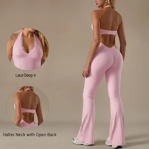 TIMEOFF Women's Backless Halter Sporty Jumpsuit - Soft Stretch Moisture-Wicking Fabric, Athletic Style Activewear Clothing, Workout Outfit for Yoga & Gym,summervibes