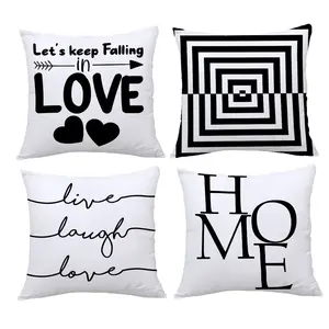 4pcs, Black & White-Themed Throw Pillow Covers, Valentine's Day Black and White Text Geometric Pattern Pillowcase, Home Decor Pillowcase Suitable for Living Room Sofa Bedroom, Single Sided Printing, No Pillow Core