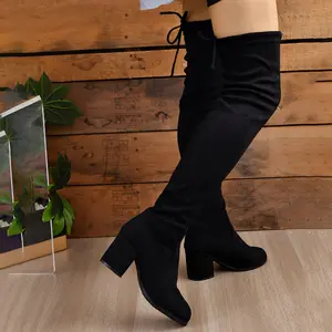Over-the-Knee Boots for Women - Solid Color Stretchy Thigh-High Boots with Back Tie, Pointed Toe, Block Heel, Fabric Material & Rubber Sole for Dress Occasions, All-Season Comfort & Style