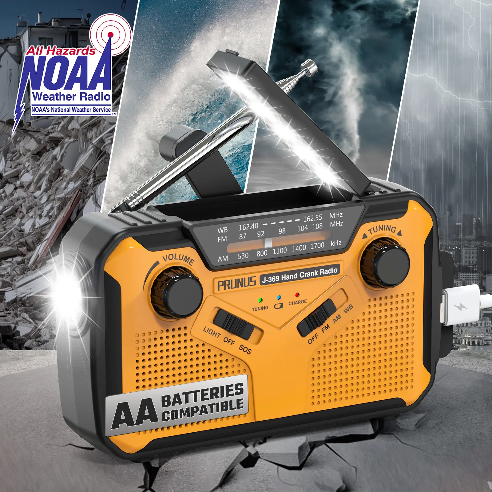 PRUNUS J-369 11100mWh Emergency Weather Radio, AA Batteries/Hand Crank/Solar/USB Charging, NOAA/AM/FM, LED Flashlight and Reading Lamp,SOS Alarm & Flashlight