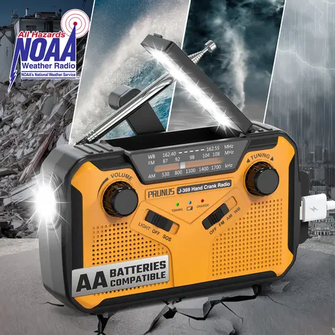 PRUNUS J-369 11100mWh Handheld Radio - Portable Emergency Radio with 5 Ways to Power (Solar Panel, Solar-Crank, Micro USB, AA Batteries), FM/AM/WB Tuning, LED Flashlight, Reading Lamp, SOS Alarm for Blackouts
