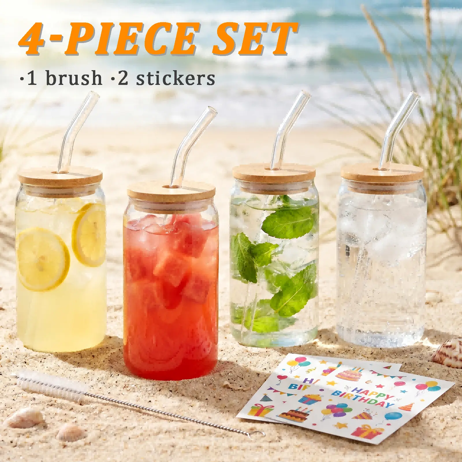Glass Cups With Bamboo Lids & Glass Straws, Can Shaped Drinking Glasses 16Oz, Stable Anti-Tip Tumblers For Iced Coffee, Boba Tea, Smoothies, Juices & Water