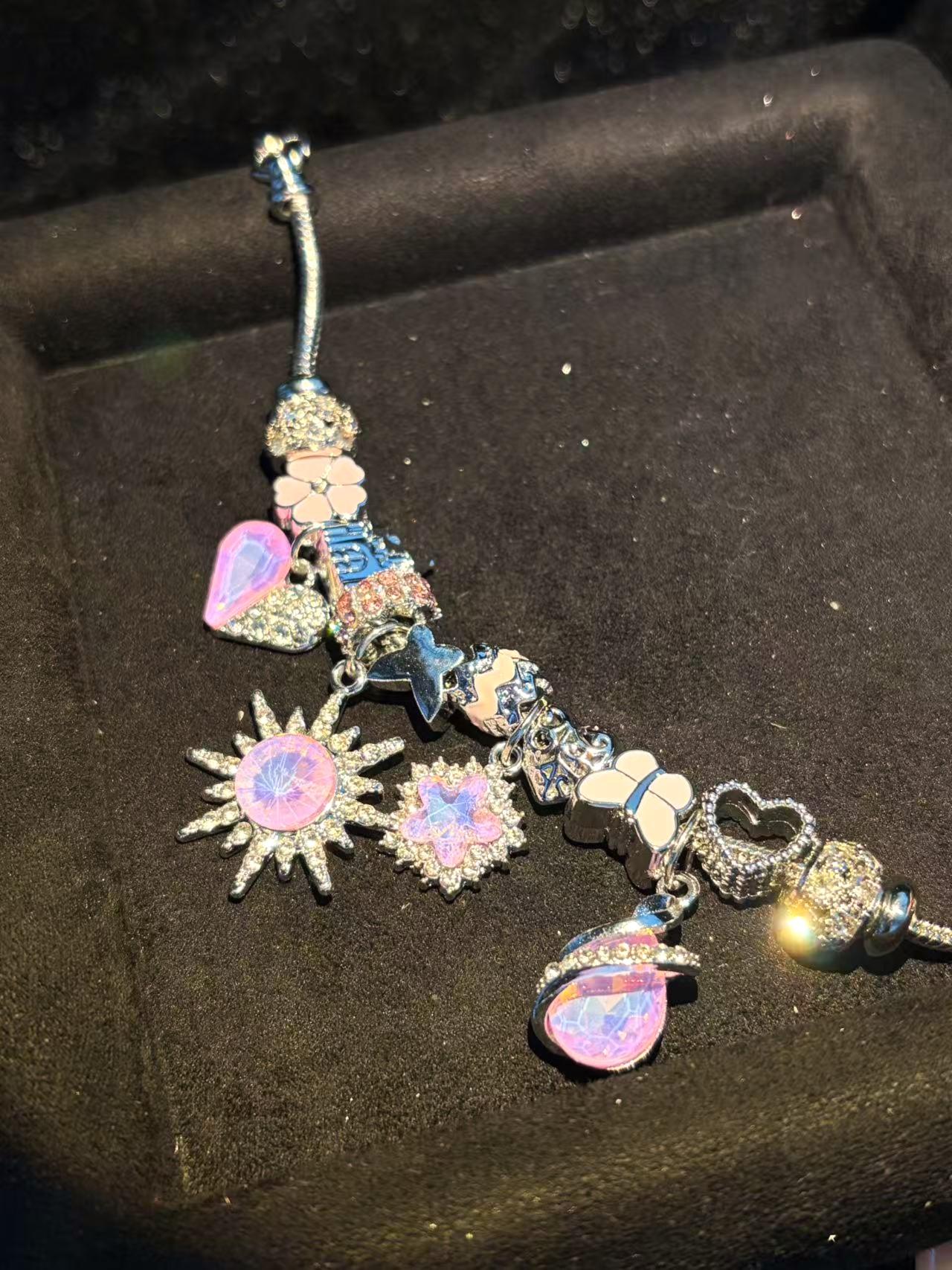 Pink Purple Crystal Sun Castle Charm Bracelet, Silver Plated Adjustable Snake Chain Bead Bracelet, Fashion Dangle Butterfly Flower Heart Beads Jewelry Gift for Women Girls