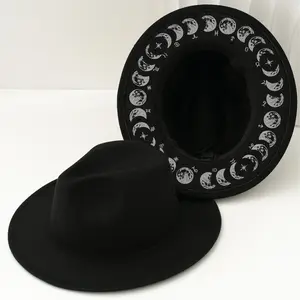 Theatrical Gothic Element Top Hat with Hand-Painted Moon Decoration, Niche Medieval Mystery