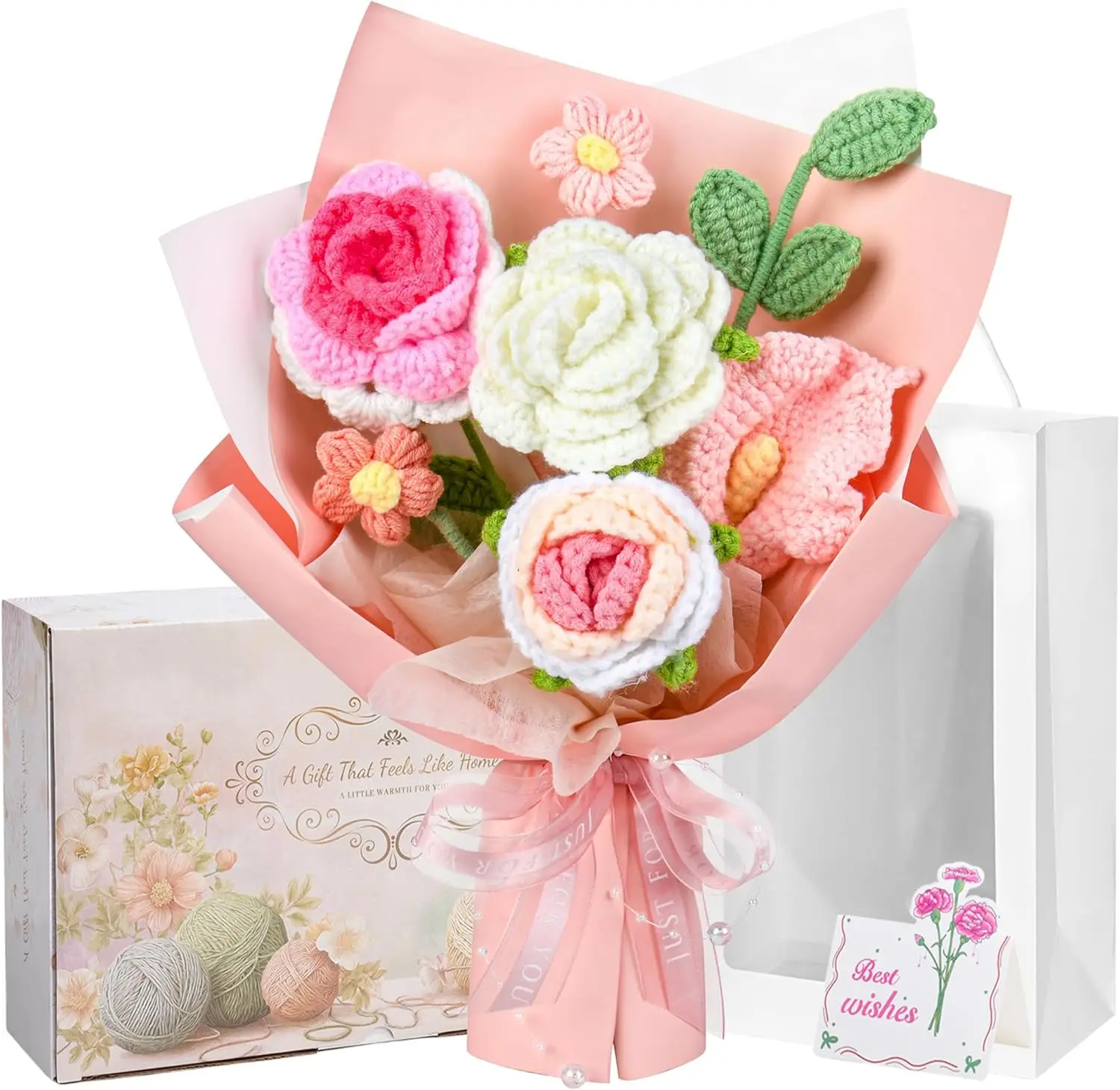 Crochet Flower Bouquet Pink, Handmade Crochet Flowers Bouquet, Knitted Floral Gift for Her, Mothers Day Birthday for Women Wife Mom Girlfriend with Gift Box Bag and Card