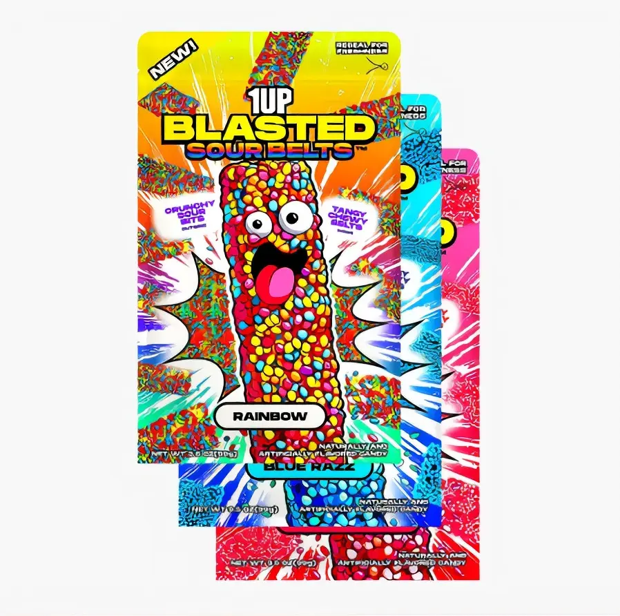 1UP Blasted Sour Belts - Rainbow & Blue Raspberry Flavors - Crunchy & Tangy - Naturally & Artificially Flavored Candy