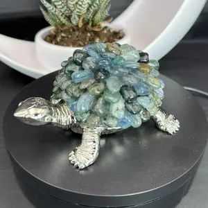 Moss Aquamarine Chip Turtle Decor - Handmade Crystal Chip Animal Figurine for Home Tabletop Decoration