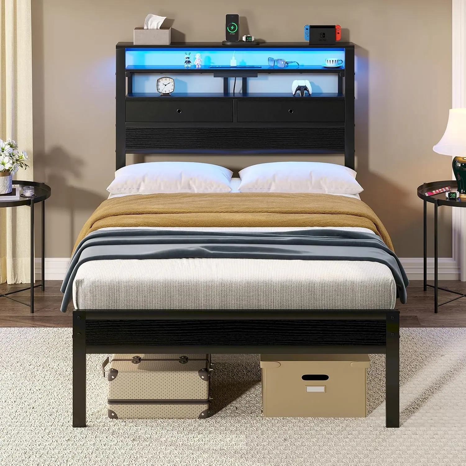 Twin Size Platform Bed Frame with Charging Station & LED Lights, Black Oak, Wood Headboard, 2 Fabric Drawers, 3-Tier Storage Shelves, Metal Slats, No Box Spring Needed