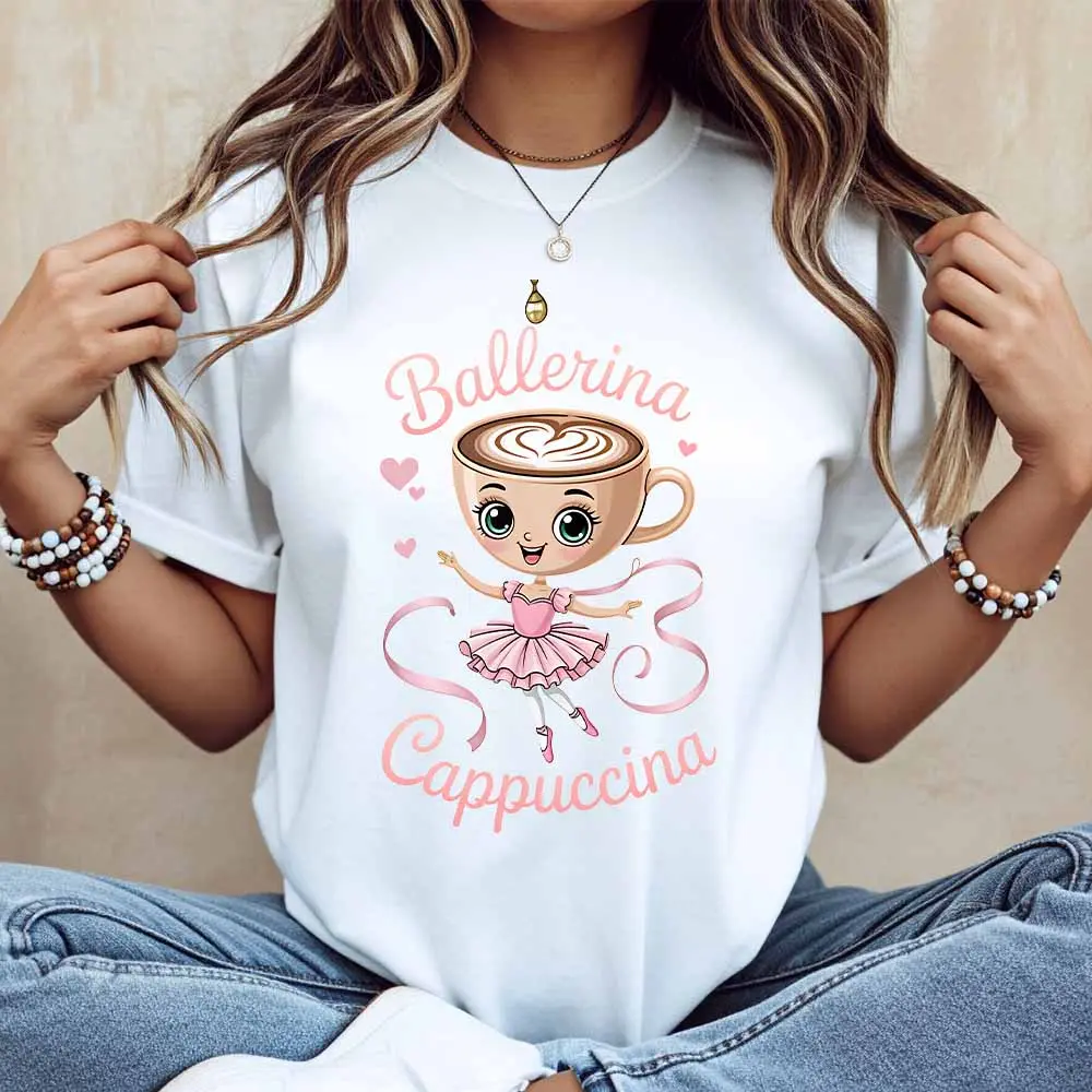 Ballerina Cappuccino Coffee Cup Ballet Dancer Print T Shirt Women Casual Short Sleeve Top Fashion Trendy Graphic Tee