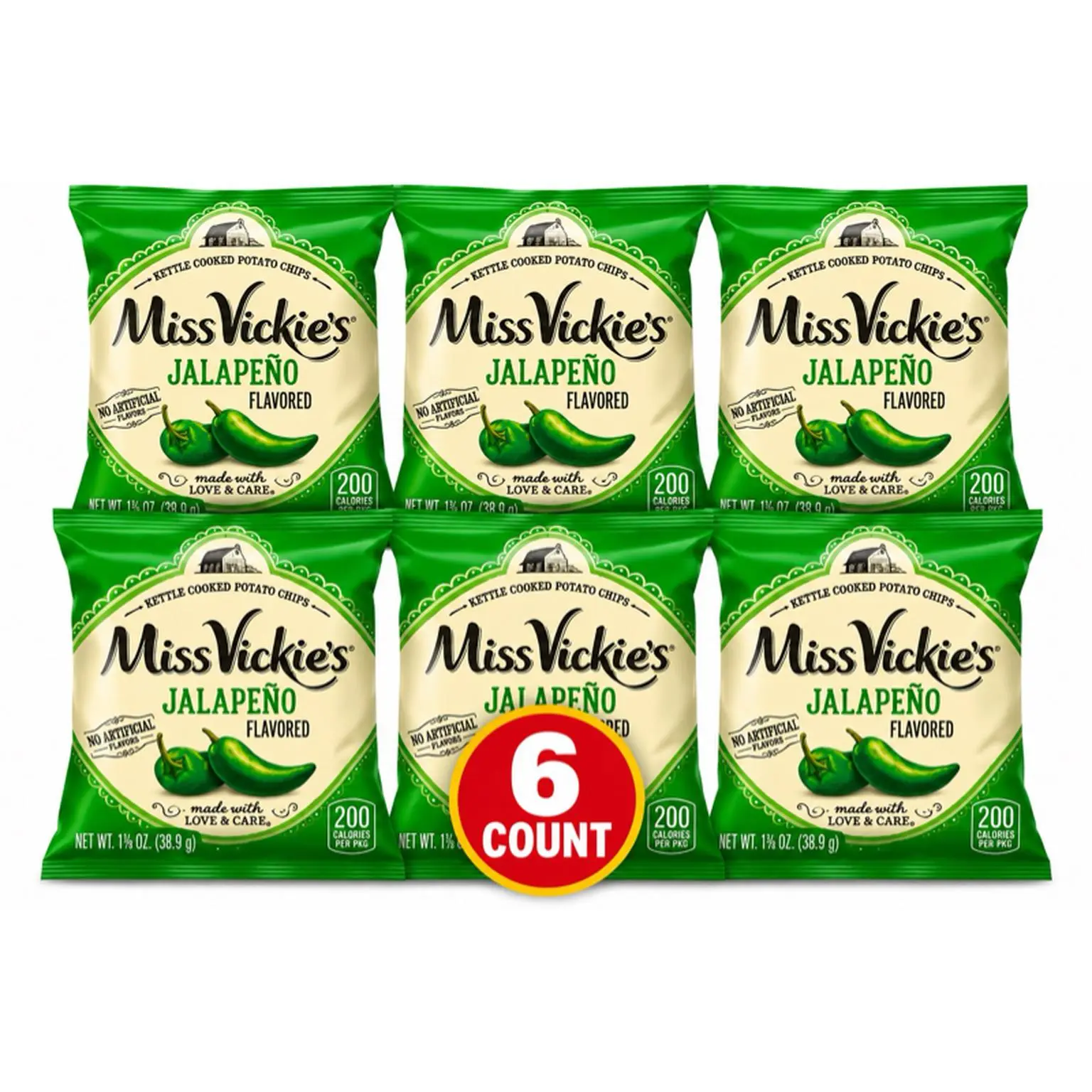 Miss Vickie's Jalapeño Flavored Kettle Cooked Potato Chips 6 Count 1 3/8oz Bags No Artificial Ingredients