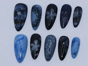 Hand Painted Blue & Black Galaxy Press On Nails - Almond Shape Satamiis