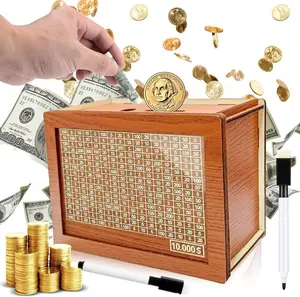 2026 New 10000 Larger Size Savings Challenge Box with stickers - Cash Vault Wooden Money Savings Box - Money Bank Wooden Cash Coin Piggy Bank with