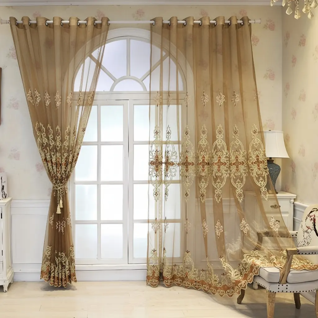 2pcs European Luxury Gold Thread Embroidered Window Curtains, Palace Style Hollow Out Floral Decorative Drapes for Living Room Bedroom, Bedroom Curtains Arch