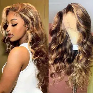 13x4 HD Highlight Body Wave Lace Frontal Wigs Human Hair Pre Plucked With Baby Hair 180% Density #4/ 27 Colored Glueless Wigs Body Wave Honey Blonde Lace Frontal Wigs Human Hair For Women With Baby Hair blonde body