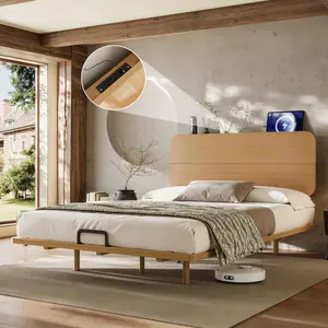 Queen Size Platform Bed with Headboard and USB Ports, Solid Bamboo-made Floating Bed Frame with Support Slats, Full/Queen/King Bed Frame for Bedroom, Guest Rooms, Dorms, Natural