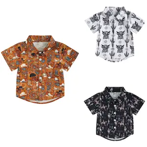 Western Baby Boy Clothes Cow Print Button Down Short Sleeve Dress Shirt Toddler Country Cowboy Casual Summer Vintage Shirts Tops