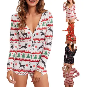 Women Christmas Jumpsuits Pajamas Deep V Neck Long Sleeve Bodycon Romper Shorts Christmas  Bodysuit Onesie Overalls Xmas Sleepwear