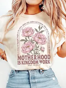 Cotton Retro Motherhood Is Kingdom Work  Shirt, Mothers Day Shirt, Christian Mom Gift,Religious Boho Floral Bible Shirt,Mom Life Tee,Machine Washable, Comfortable Everyday Fashion Tee, Everyday Tshirt |Bold Letter Print