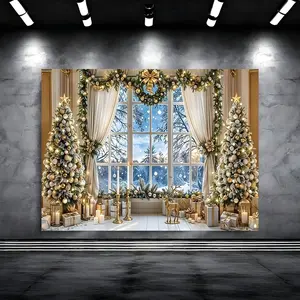 1pc festive Christmas background cloth decoration, polyester material, Christmas tree, snow scene outside the window, reindeer and other exquisite pattern designs, suitable for holiday decoration, Party decoration supplies, Christmas decoration