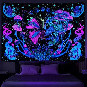 Blacklight Skull UV Reactive Mushroom Butterfly and Hippie Snake Wall Tapestries for Bedroom (51.2 x 59.1 inches)