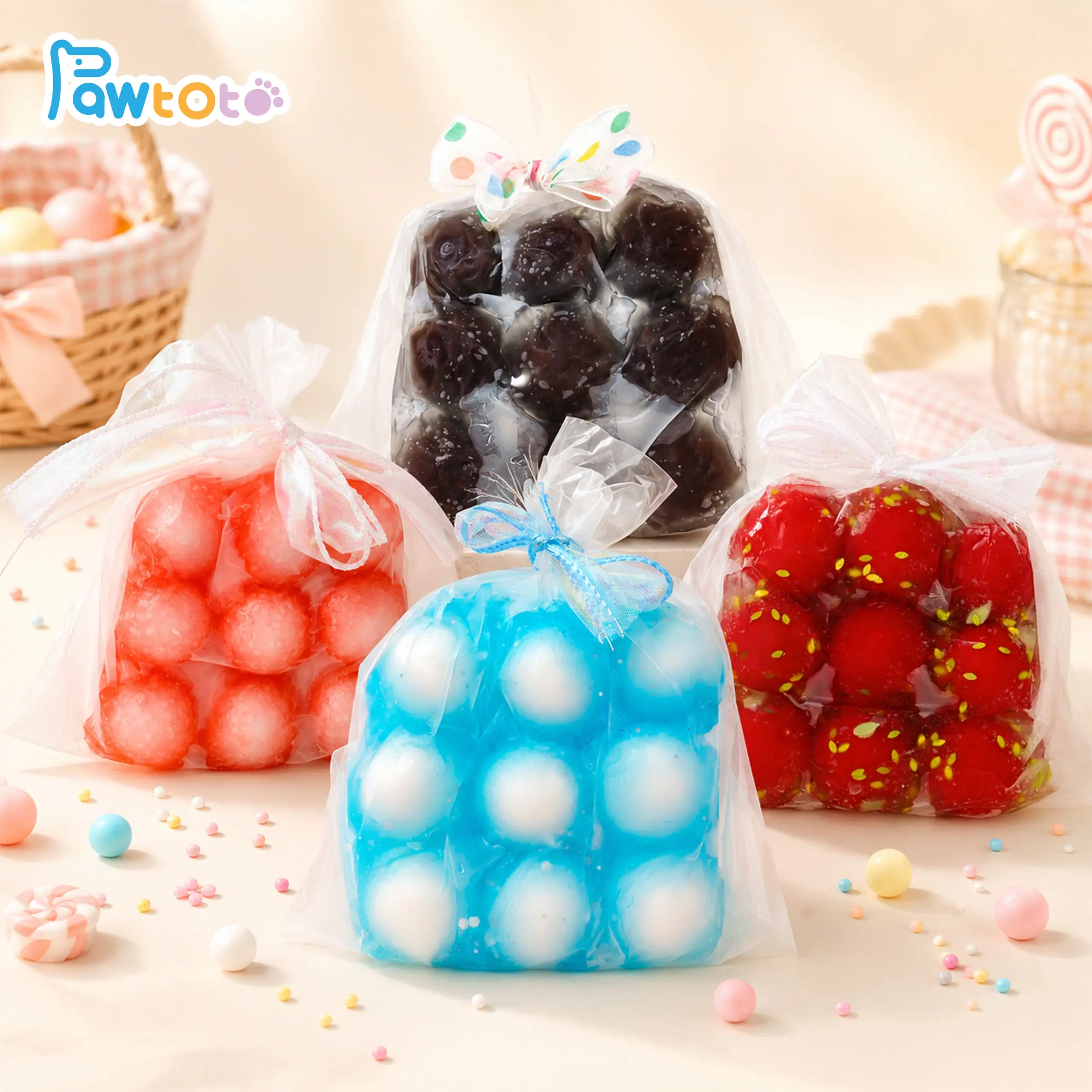 Pawtoto 9-Grid Grapefruit Silicone Squishy Bag Squishy Balls, Handcrafted TPR Medium-Soft Stress Relief Fidget Toys, Sensory-Friendly Hand Squeeze Toy for 12+ Years Anxiety Relief, Birthday Gift #Summervibes