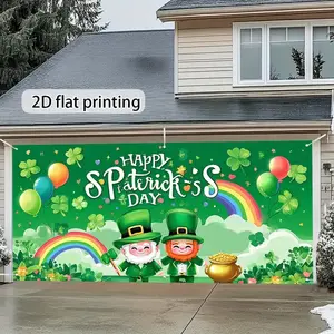 St Patrick's Day Garage Door Decoration Curtain, Theme, Rainbow Clover Fairy Elements, Festive Home Holiday Decor