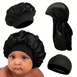 3pcs Youngsters' Satin Hair Care Set: Silky Durag, Bonnet & Dome Cap in Black - Lightweight, Breathable Polyester, Perfect Fit for Thanksgiving & Casual Attire, Hair Protection|Sleek Design|Polyester Satin, Hair Accessories Set