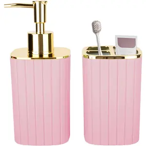 2PCS Pink Bathroom Accessories Set Including Soap Dispenser and Toothbrush Holder for Boho Bathroom Decor