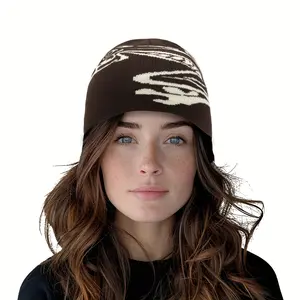 Christmas giftsAcrylic Frog Beanie with Ear Flaps - Stretchy, Knitted, Hip Hop Style - Elastic Fit for Men & Women, Ideal for Parties & Streetwear (Brown & White)-5R4G