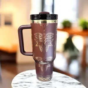 Western Boot Stitch 40oz Brown Tumbler with Gold Plating, Stainless Steel Lid, Unique Design, Laser Engraved Mug - Washable, Cup, Portable, Bottled