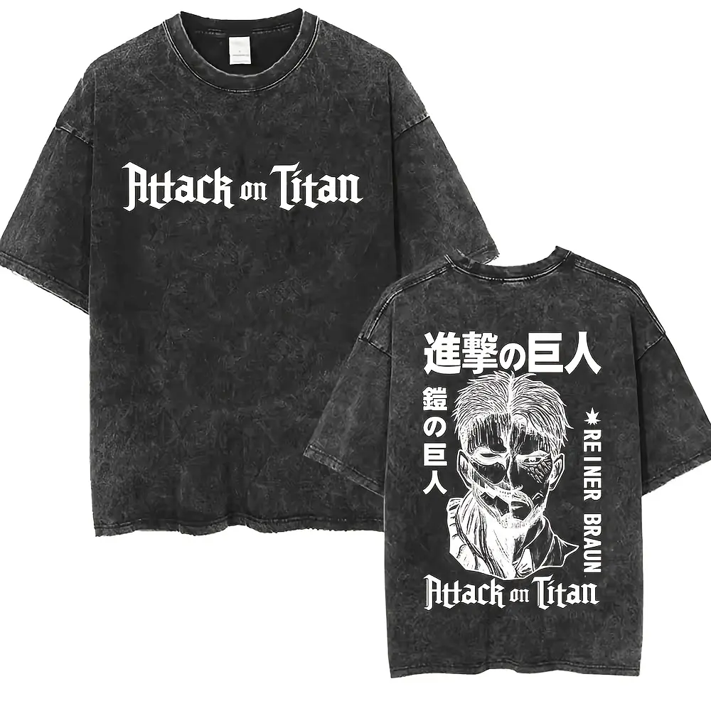Retro Washed Reiner Braun Attack on Titan T-Shirt, Men's Oversized Anime Graphic Crew Neck Streetwear Top, Tshirt, Personalized, All Seasons, Fashion, Holiday, Machine Washable, Shortsleeve, Casual, Menswear, Round Neck, Classic