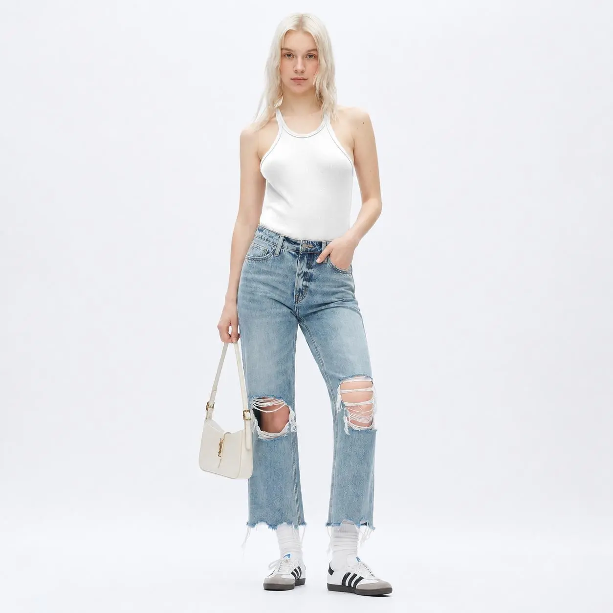 ONESO Women's Super High Rise Destroyed Straight Rigid Leg Jeans Non-Stretch Distressed Denim Pants Size Comfortable Fashion FitStyle Bottoms Womenswear Fitted Streetwear Fabric  Basic Minimalist Gift #SummerVibes
