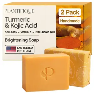 PLANTIFIQUE Kojic Acid and Turmeric Soap for Dark Spots - Lab tested – 2 Superfood Soap Bars with Hyaluronic Acid, Collagen, Vitamin C – Face & Body Wash, 5.64 oz