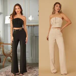 STRAPLESS OUTWEAR TWO PIECE SETS - CLASSY CHAIN HOOK FLARE PANTS - FOLDED PATTERN DETAIL - CROP TOP WITH ZIPPER ON THE BACK - STRAPLESS OPEN SHOULDER AND BACK - WORK BUSINESS CASUAL SETS - ZIPPER ON THE BACK