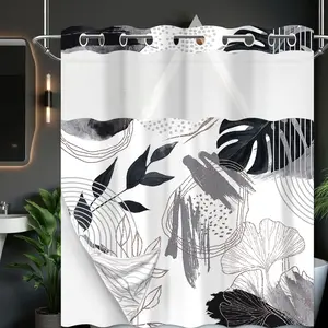Grey and White Hookless Shower Curtain with Snap in Liner, Black and Gray Leaf No Hook Double Layer Shower Curtain and Liner Set, Ringless with Window  Cloth Fabric, 71" W x 74" L