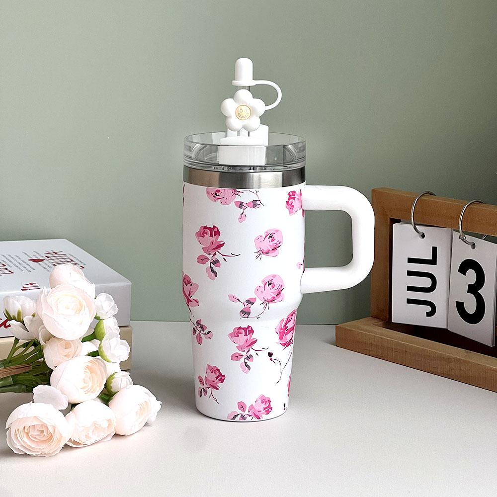 1pc 14 oz Printed Series 304 Stainless Steel Car Cup, with Handle and Straw, Double Walled Travel Mug for Outdoor Sports, Back to, Christmas, Thanksgiving, Valentine's Day Gifts