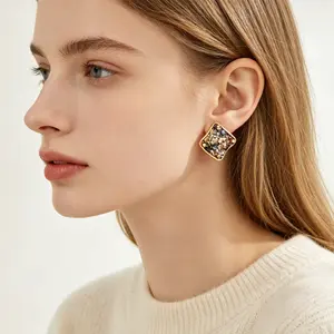 Cute Stud Earrings, Special Mother’s Day Gift for Mother-Shell Chip Square Studs| Luxe Gold Frame with Sparkle CZ - Lightweight Statement Earrings