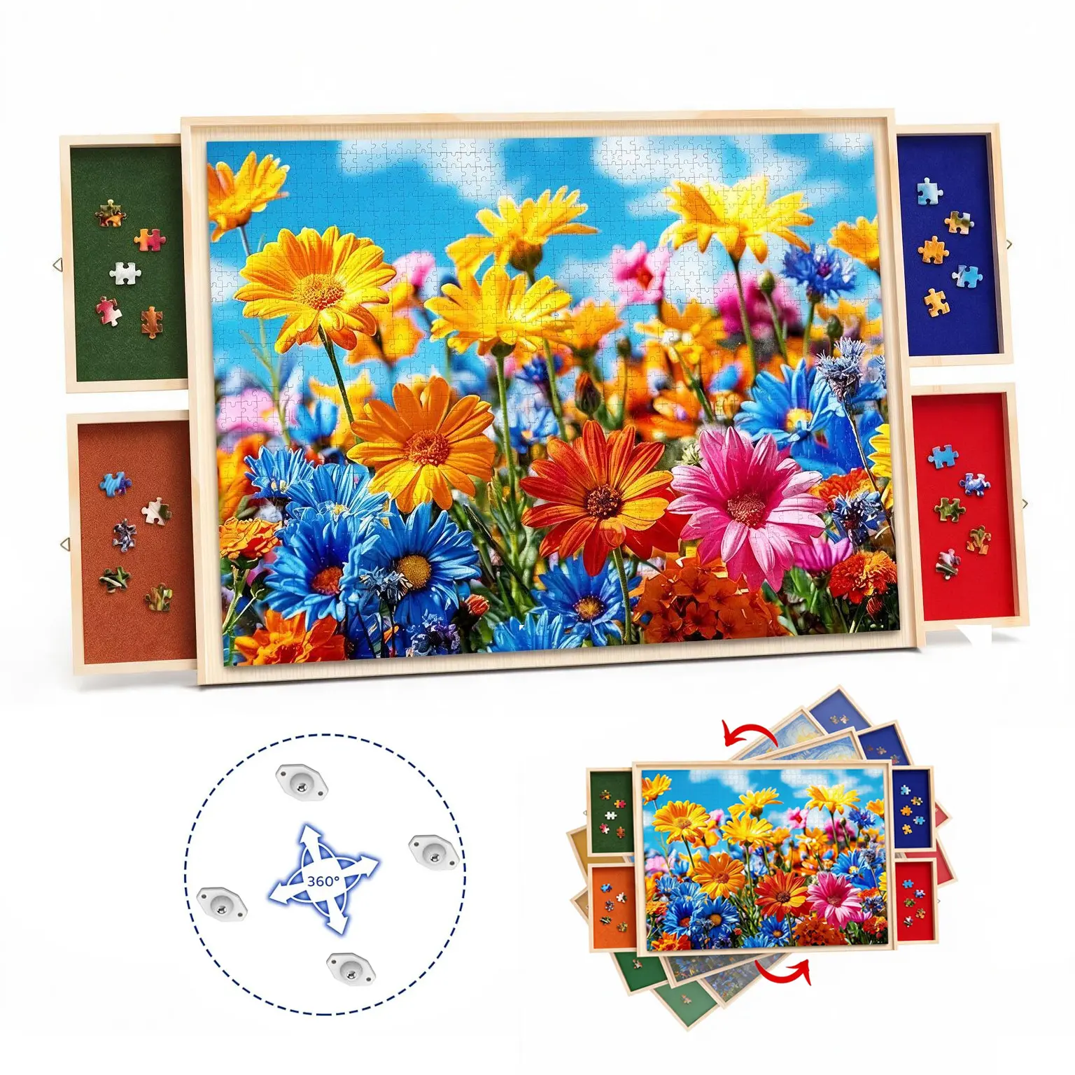 360° Rotating Wooden Puzzle Board with 4 Sorting Drawers | Portable Jigsaw Table (30"x22")