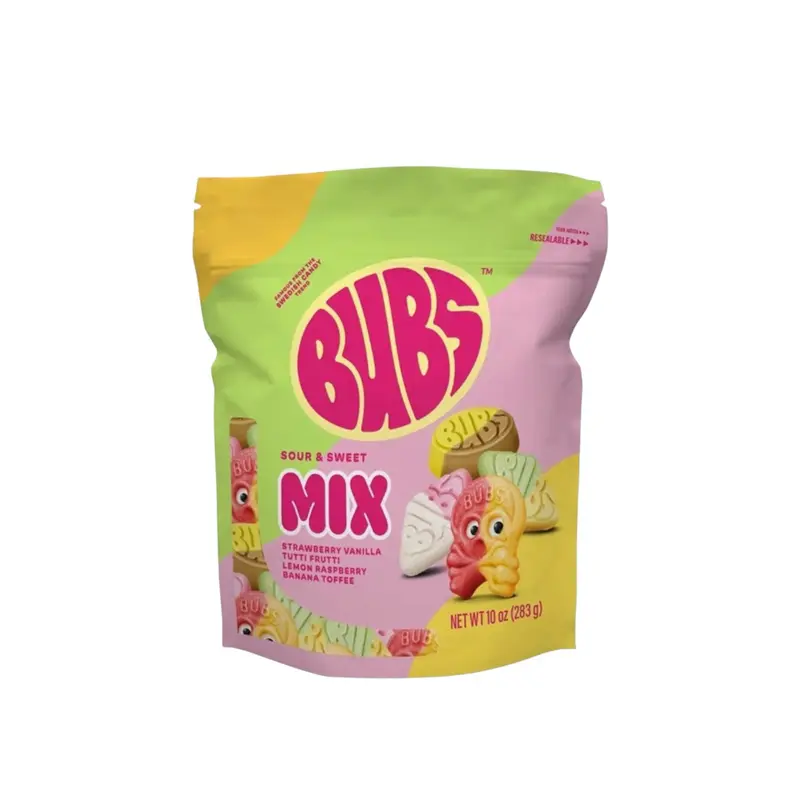 Bubs Sour and Sweet Mix Strawberry Vanilla, Tutti Frutti, Lemon Raspberry , & Banana Toffee 1 Bag 21 oz