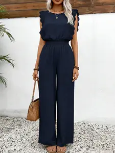 Women's 2-piece set: Solid color Minimalist fashionable lace round neck flutter sleeve sleeveless top   high-waisted straight-leg drawstring loose wide-leg lightweight pants, suitabl for summer, commuting, casual home wear, and gatherings. Womenswear