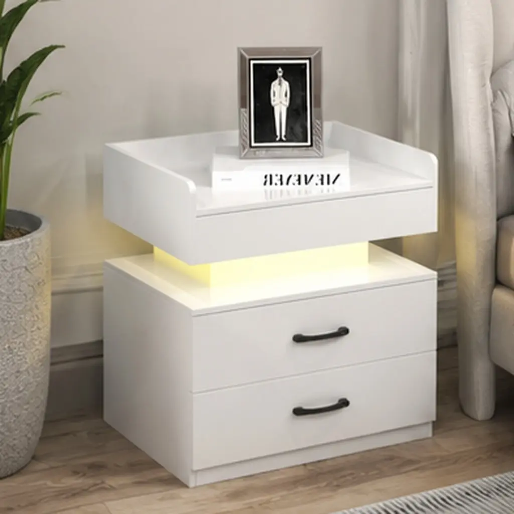 White Nightstand with Adjustable LED Strip Light, 2-Drawer Bedside Table, MDF End Table with Large Storage, Remote Control, for Bedroom Living Room Study, 13.8x19.3x20.7 Inches, White Color Options, MDF Material, Product Dimensions: 13.80 W x