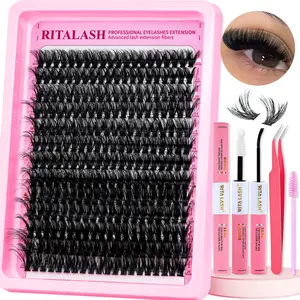 RITALASH 260PCS Clusters Kit 60D Lash Clusters Kit 12-20mm Volume Eyelash Clusters D Curly Cluster Eyelash Extensions 3D Thick DIY Lashes Cluster DIY with Bond and Seal Tweezers and Brush