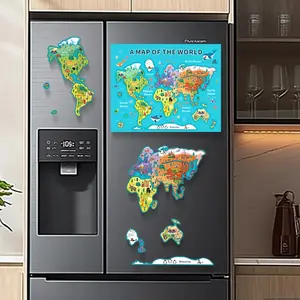 World Map Refrigerator Magnet, Bohemian Style, Puzzle Travel Footprint Magnet, Famous Buildings and Animals, Geography Learning, Home Decor, Travel Gift