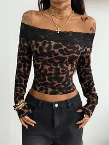 KISSA Cheetah Print Off Shoulder Top Lace Patchwork Y2K for Music Festival