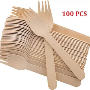 Pack of 100 - Disposable Wooden Forks; 5.5" Length-Biodegradable, Natural Wood