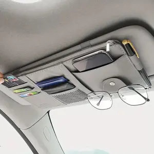 Car Essential Visor Organizer PU Leather Glasses ID Holder Multi Pocket Slim Ceiling Mount Design with Bonus Zippered Storage for Phones Cards Sunglasses and Small Items