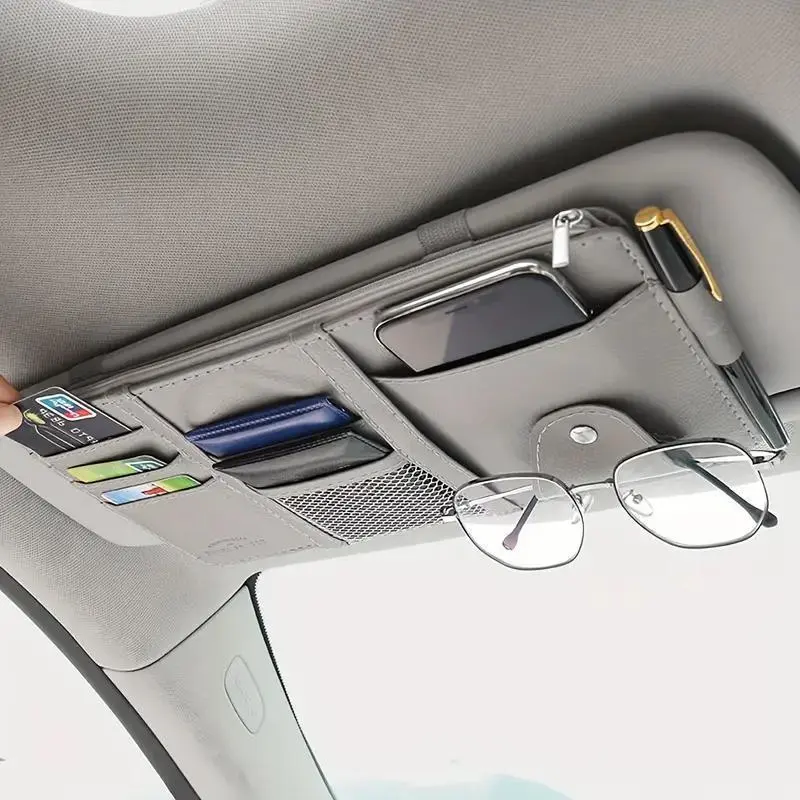 PU Leather Car Visor Organizer - Car Interior Accessories, Slim Ceiling-Mount Tool-Free Multi-Pocket Stowing Accessory with Bonus Zippered Bag for Phones, Cards, Sunglasses & Small Items, Durable, Easy to Clean, Cars